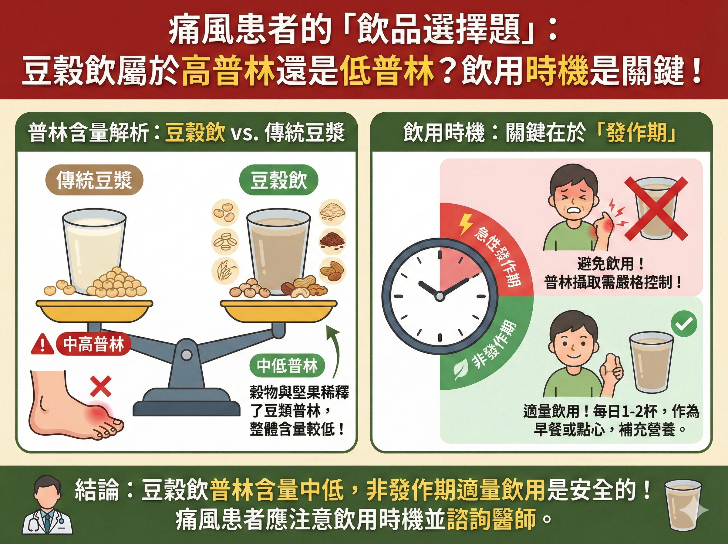 Q017 痛風患者的「飲品選擇題」： 豆 穀飲屬於高普林還是低普林？飲 用時機是關鍵！