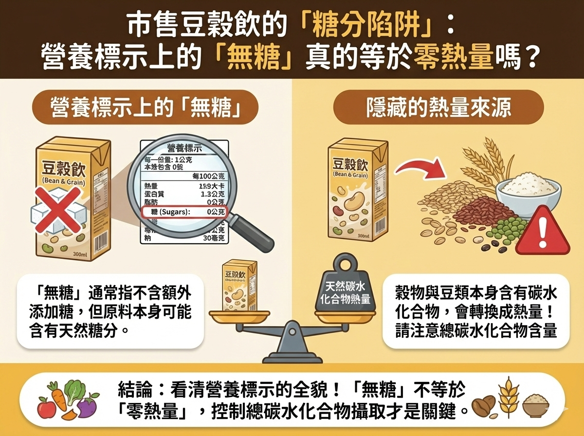Q007 市售豆穀飲的「糖分陷阱」： 營 養標示上的「無糖」真的等於零 熱量嗎？