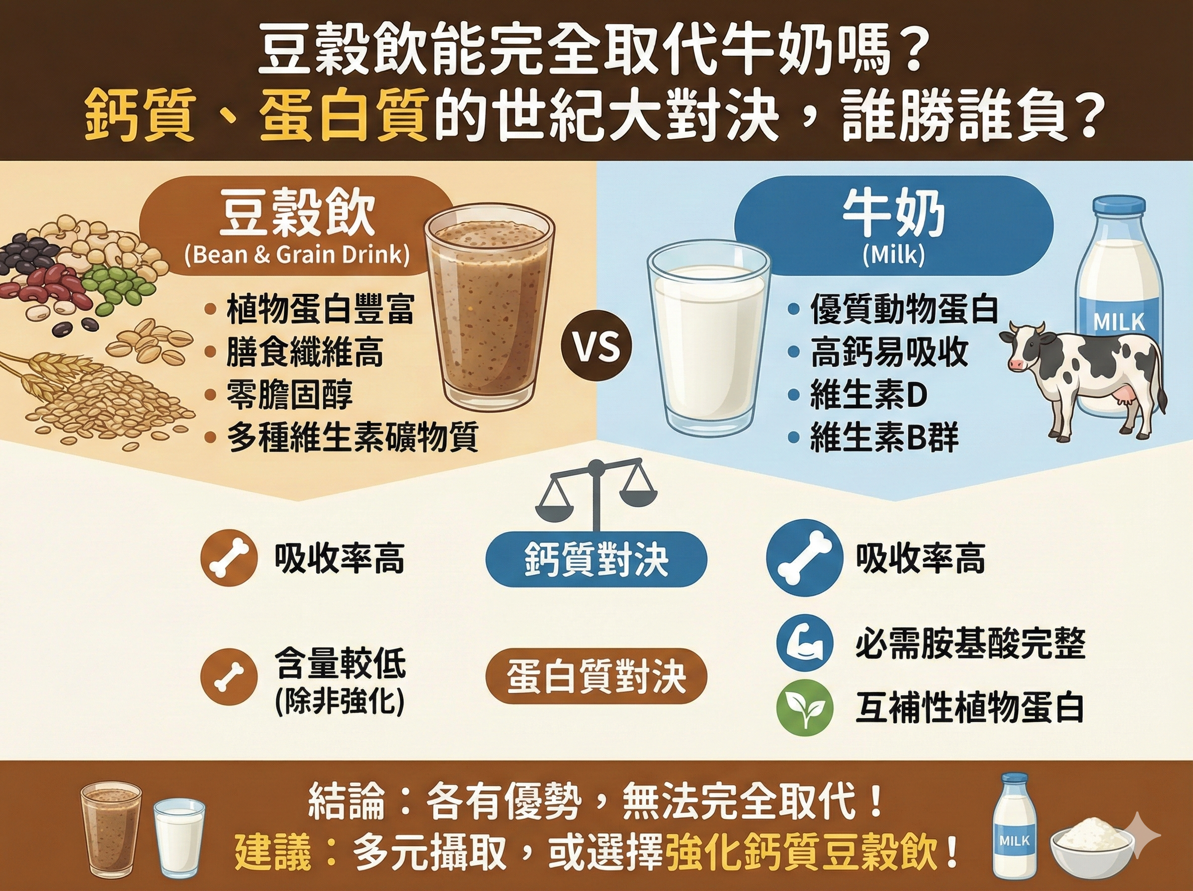 Q003豆穀飲能完全取代牛奶嗎？ 鈣 質、蛋白質的世紀大對決，誰勝 誰負？