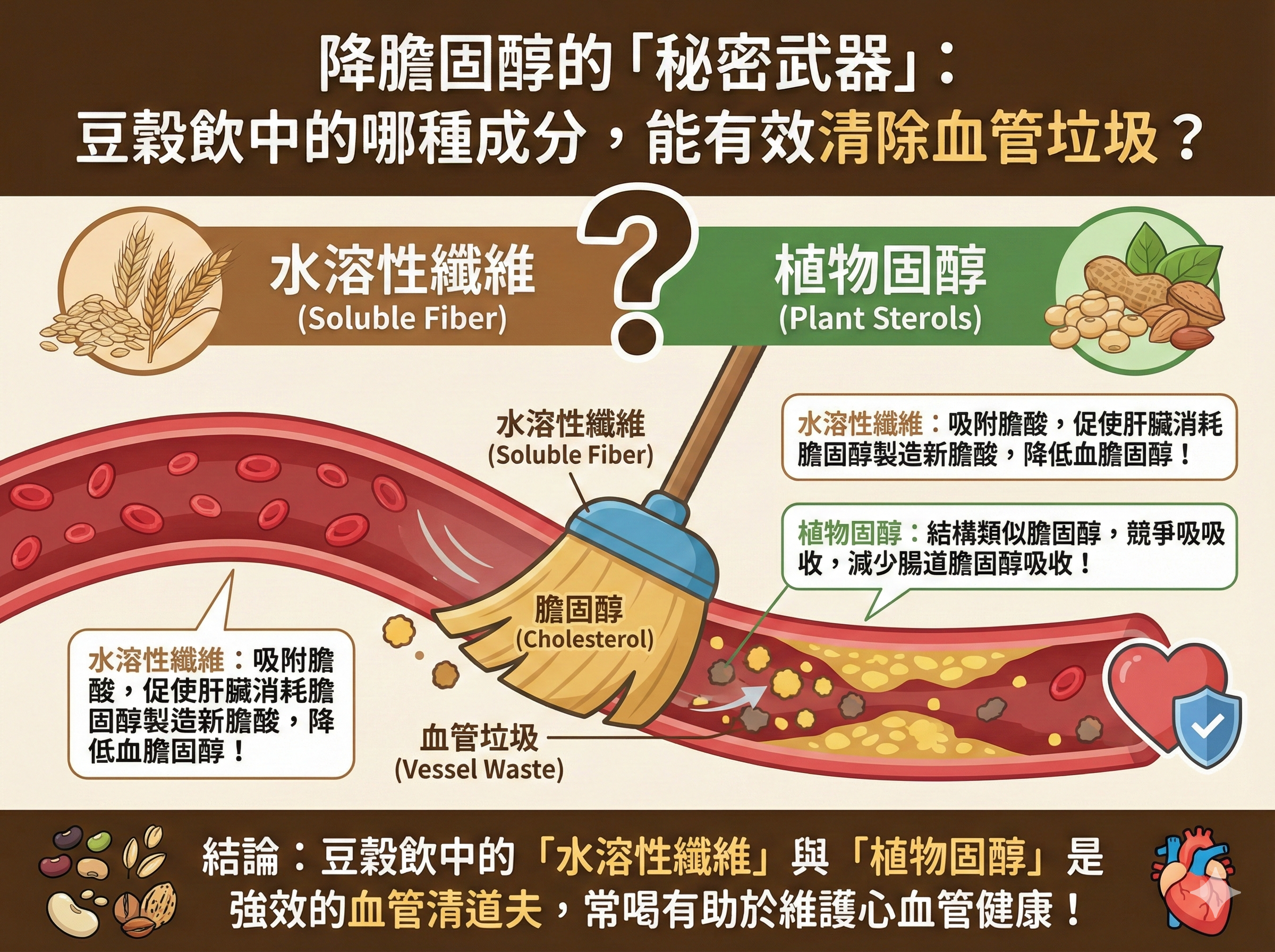 Q011降膽固醇的「秘密武器」： 豆穀 飲中的哪種成分，能有效清除血 管垃圾？