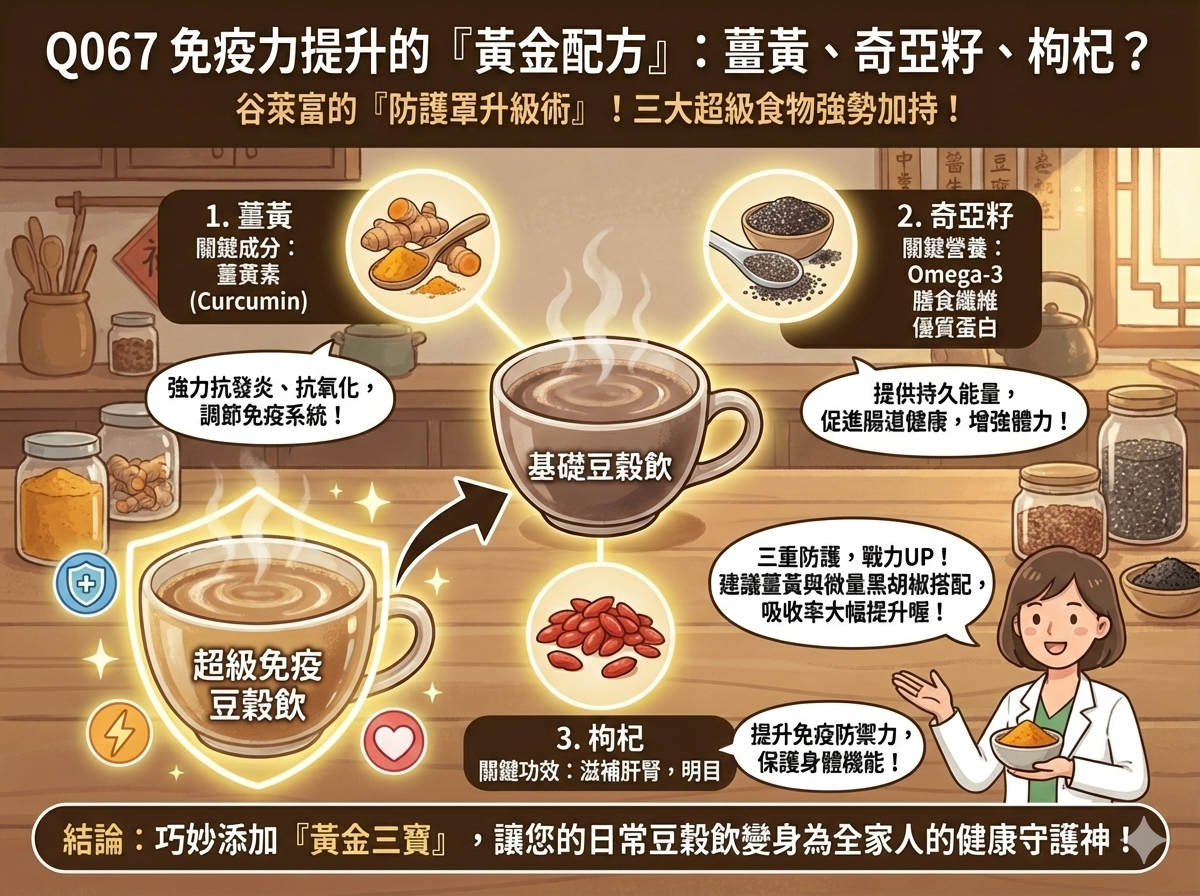 Q067 免疫力提升的「黃金配方」： 薑黃、奇亞籽、枸杞，如何讓豆穀飲戰力翻倍？