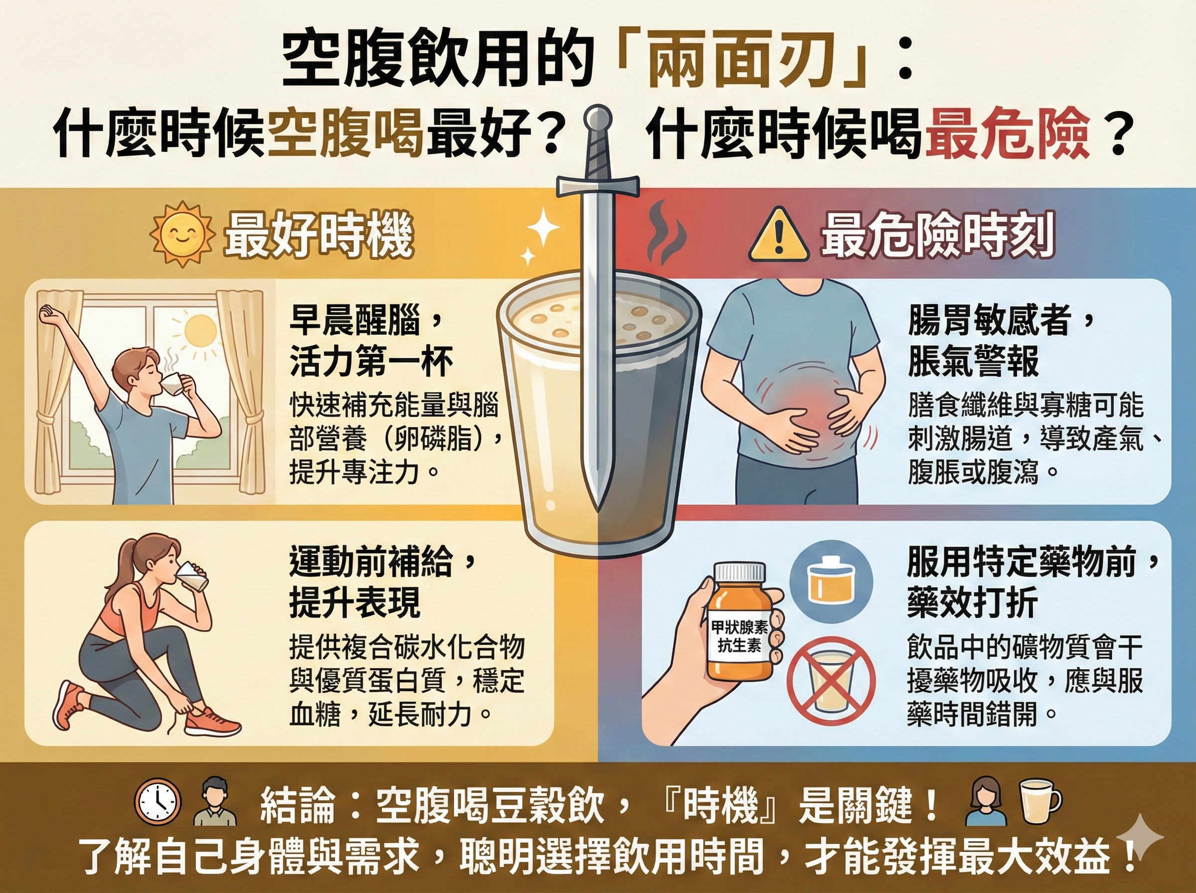 Q045 空腹飲用的「兩面刃」： 什麼時候空腹喝最好？什麼時候喝最危險？