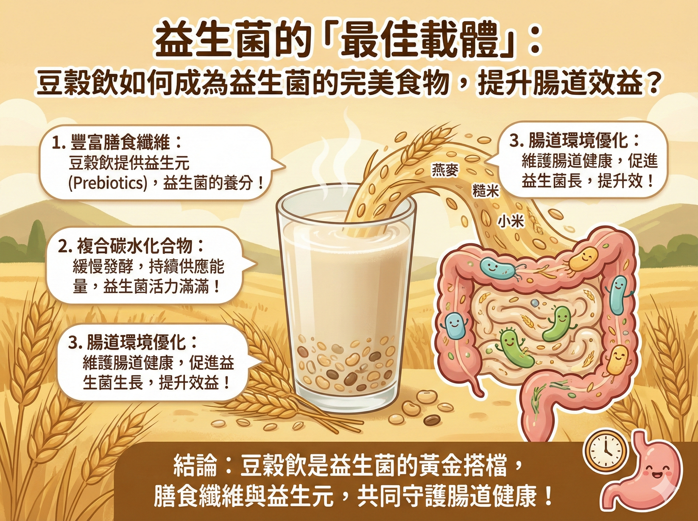 Q078	益生菌的「最佳載體」： 豆穀飲如何成為益生菌的完美食物，提升腸道效益？