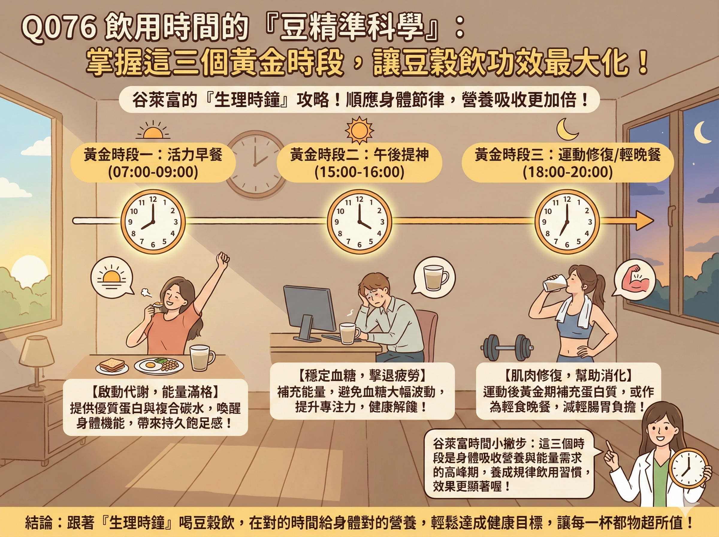Q076 飲用時間的「精準科學」： 掌握這三個黃金時段，讓豆穀飲功效最大化！