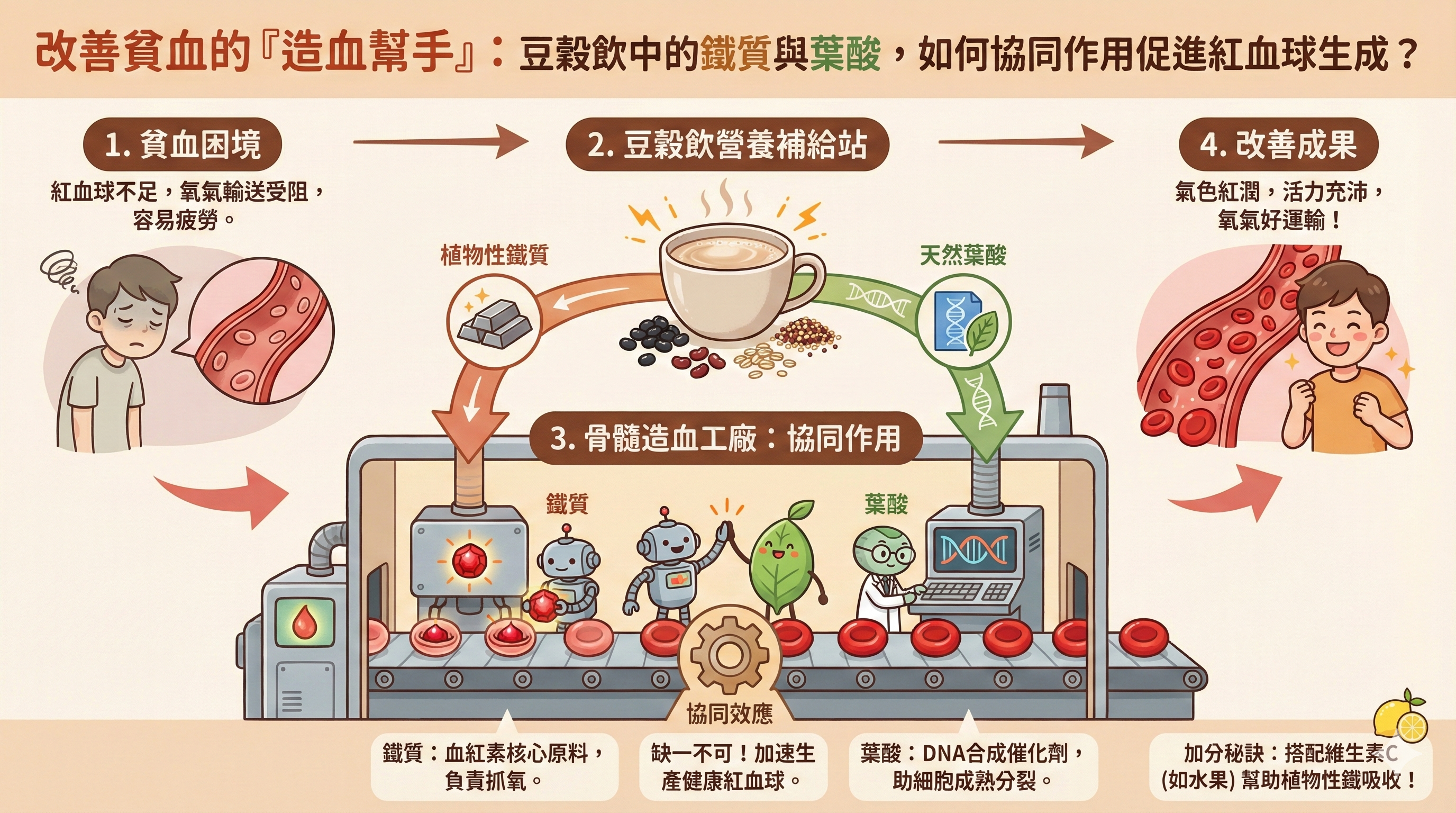 Q035 改善貧血的「造血幫手」： 豆穀飲中的鐵質與葉酸，如何協同作用促進紅血球生成？