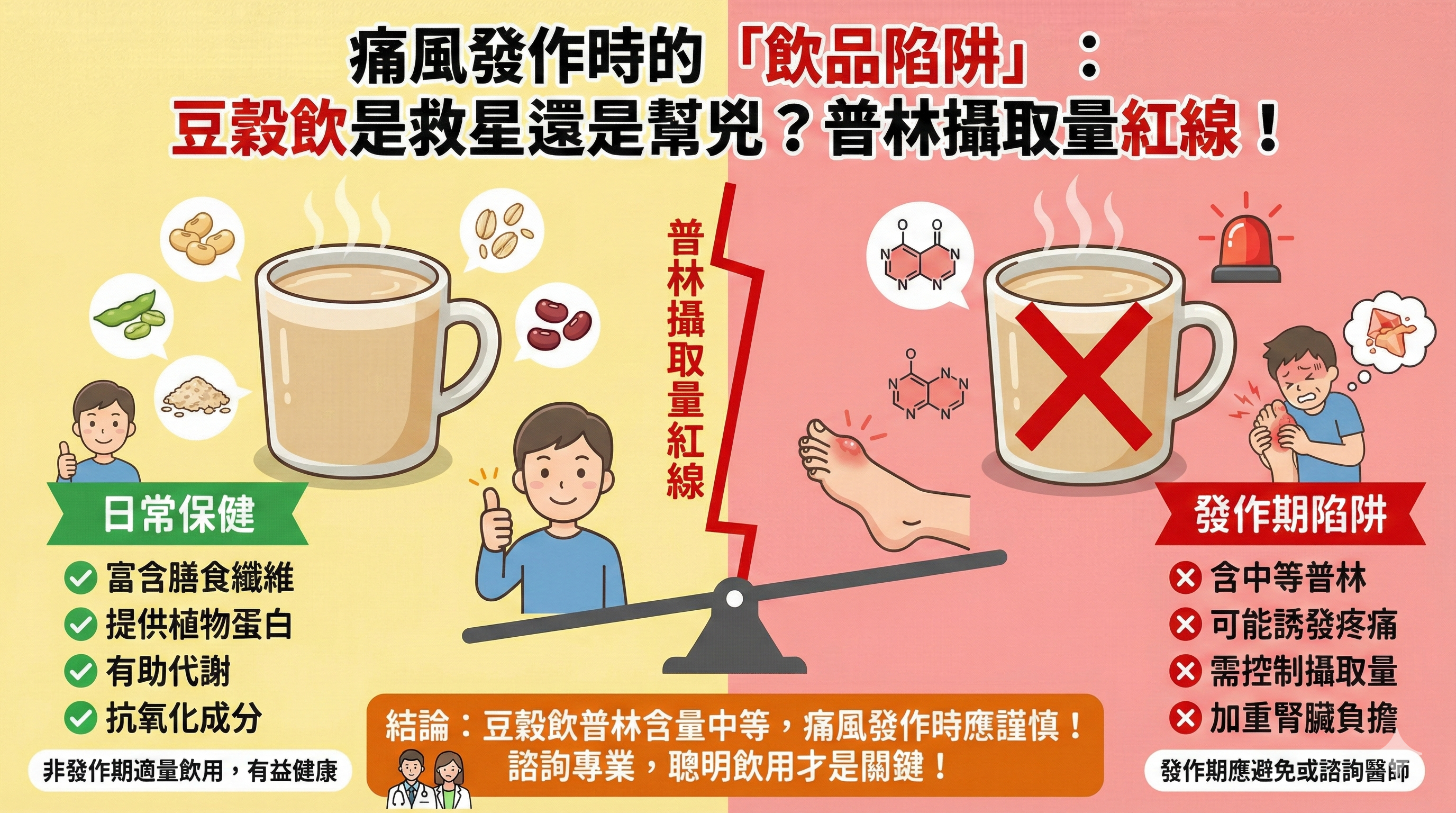 Q043 痛風發作時的「飲品陷阱」： 豆穀飲是救星還是幫兇？普林攝取量紅線！