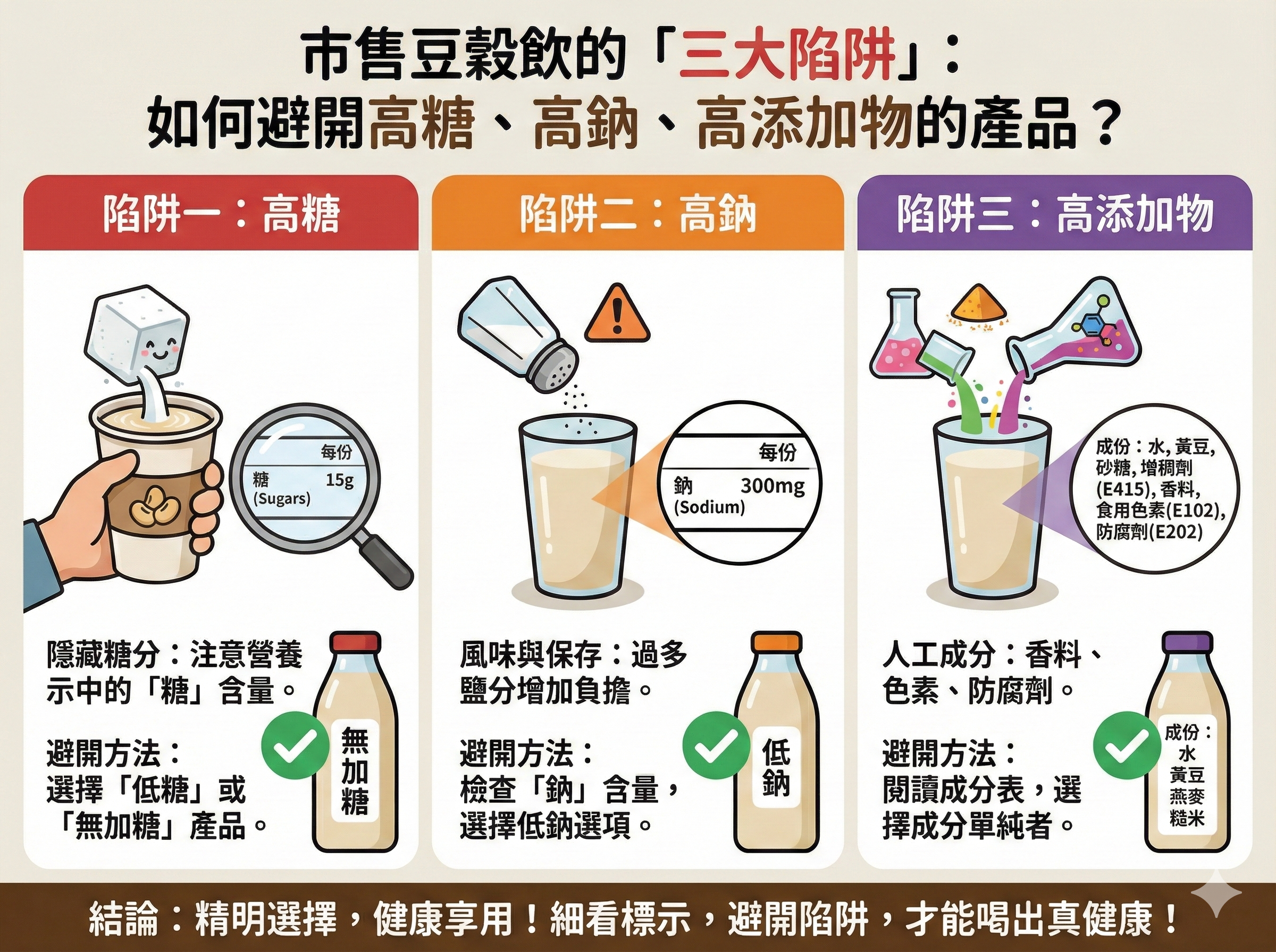 Q081 市售豆穀飲的「三大陷阱」： 如何避開高糖、高鈉、高添加物的產品？