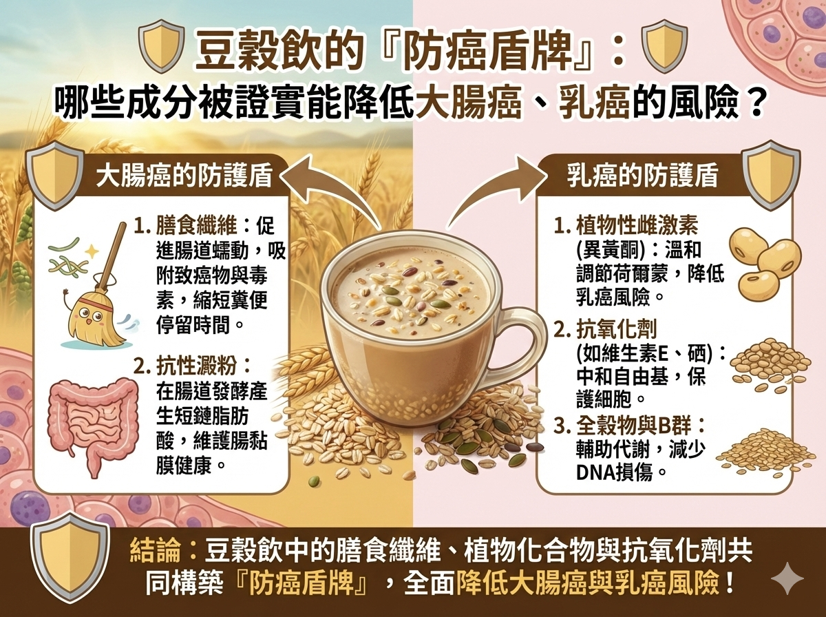 Q023 豆穀飲的「防癌盾牌」： 哪些成分被證實能降低大腸癌、乳癌的風險？