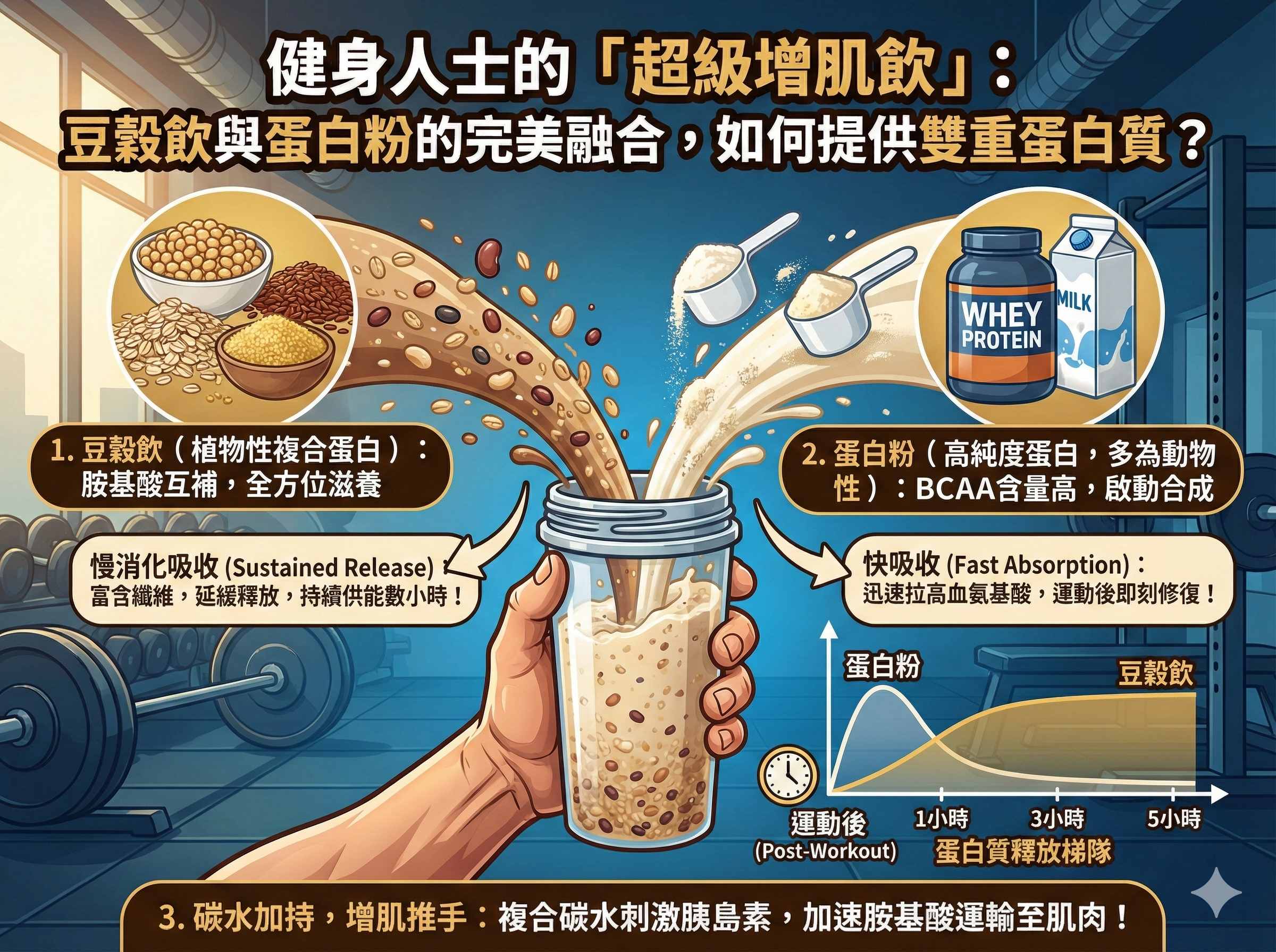 Q079 健身人士的「超級增肌飲」： 豆穀飲與蛋白粉的完美融合，如何提供雙重蛋白質？