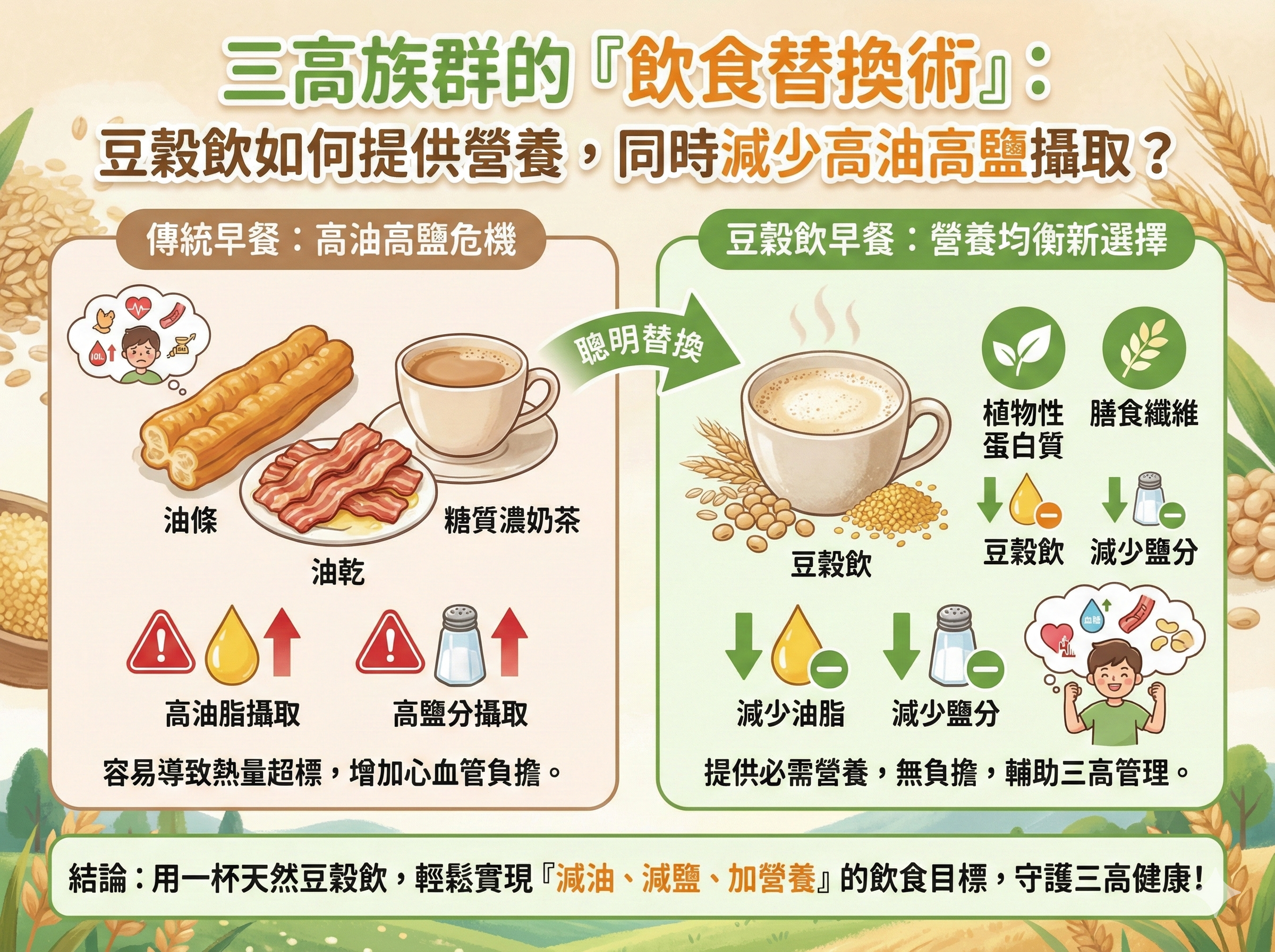 Q028 三高族群的「飲食替換術」： 豆穀飲如何提供營養，同時減少高油高鹽攝取？