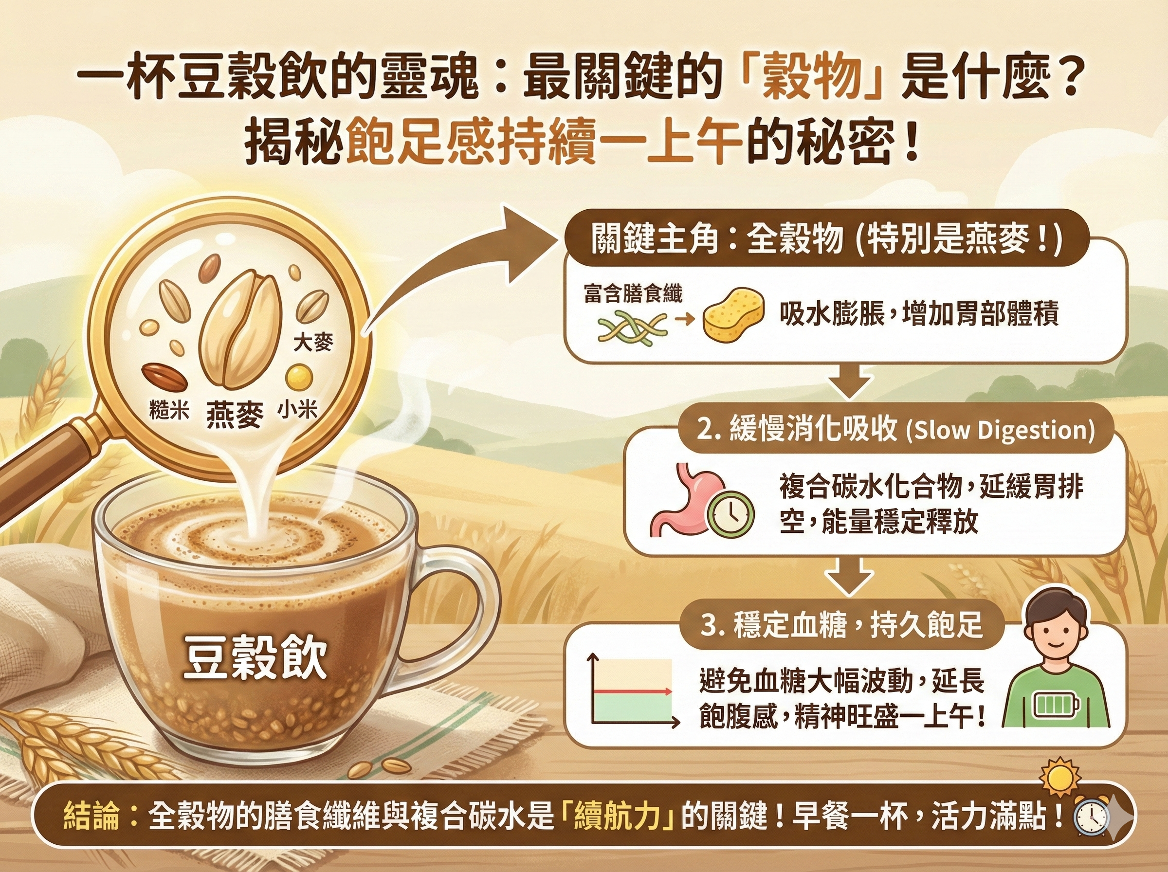 Q004一杯豆穀飲中的穀物，才是飽足感與營養的核心來源！本篇將從「豆穀飲穀物」與「全穀雜糧」切入