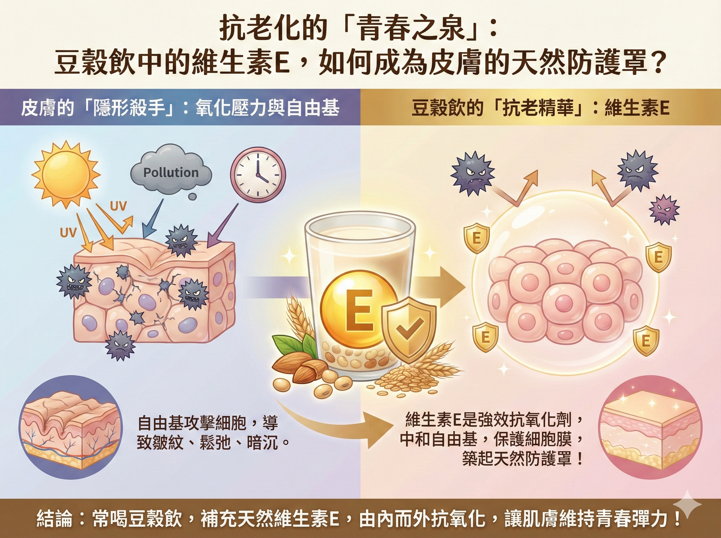 Q016 抗老化的「青春之泉」： 豆穀飲 中的維生素E，如何成為皮膚的 天然防護罩？
