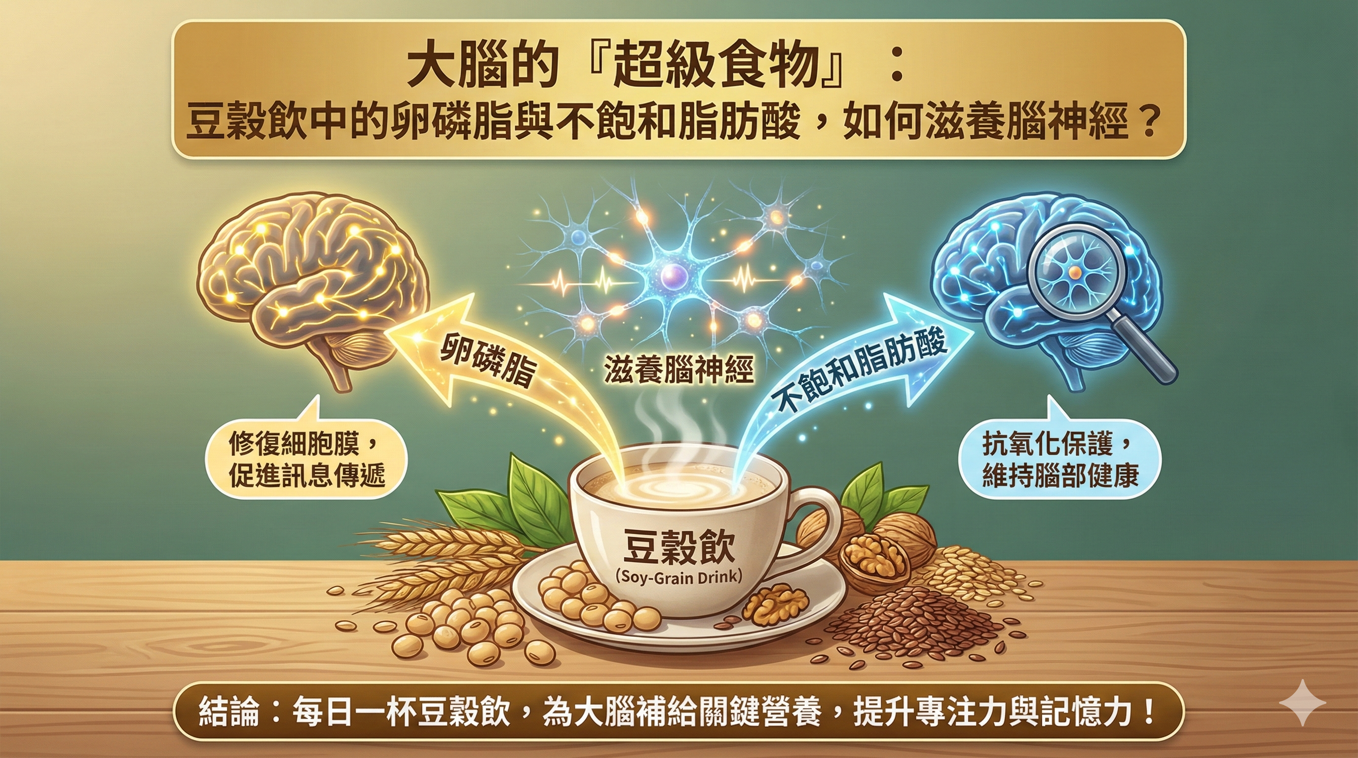 Q038 大腦的「超級食物」： 豆穀飲中的卵磷脂與不飽和脂肪酸，如何滋養腦神經？