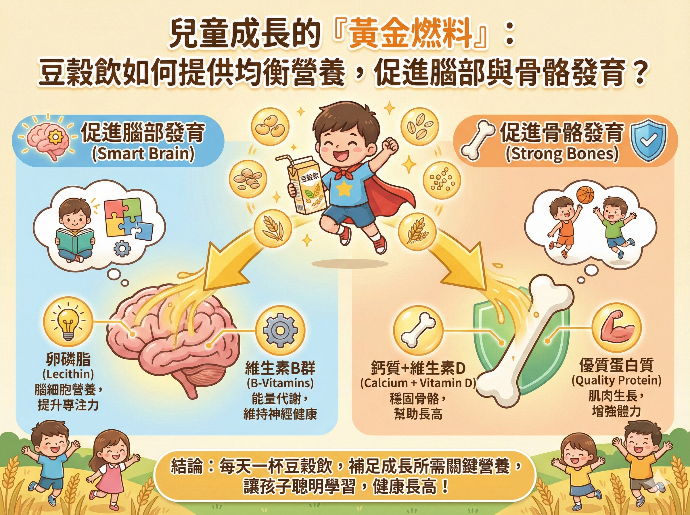 Q031 兒童成長的「黃金燃料」： 豆穀飲如何提供均衡營養，促進腦部與骨骼發育？