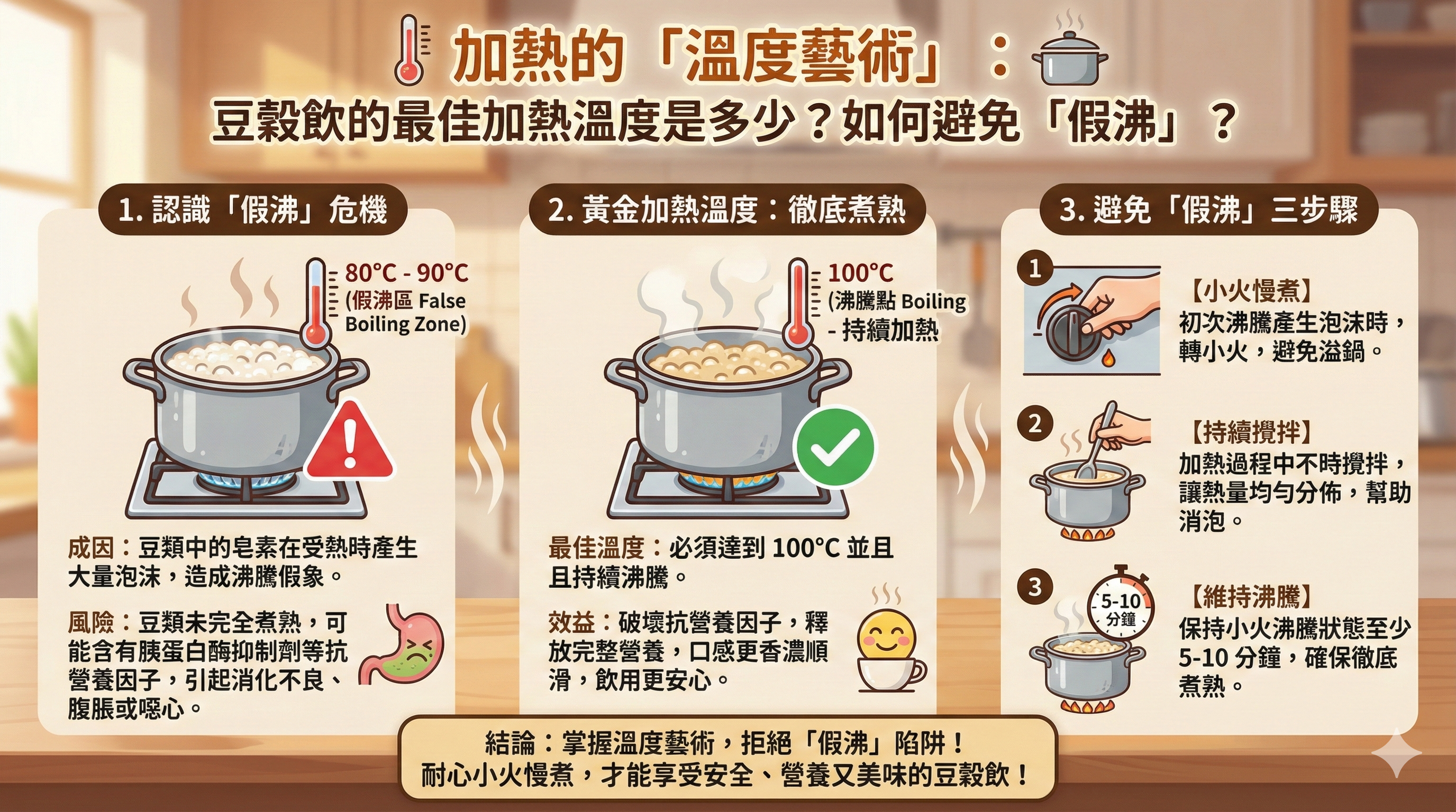 Q050 加熱的「溫度藝術」： 豆穀飲的最佳加熱溫度是多少？如何避免「假沸」？