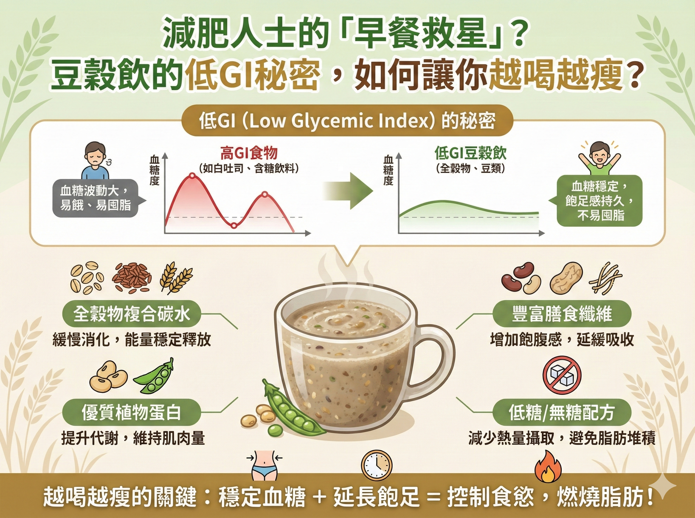 Q006 減肥人士的「早餐救星」？ 豆 穀飲的低GI秘密，如何讓你越喝 越瘦？