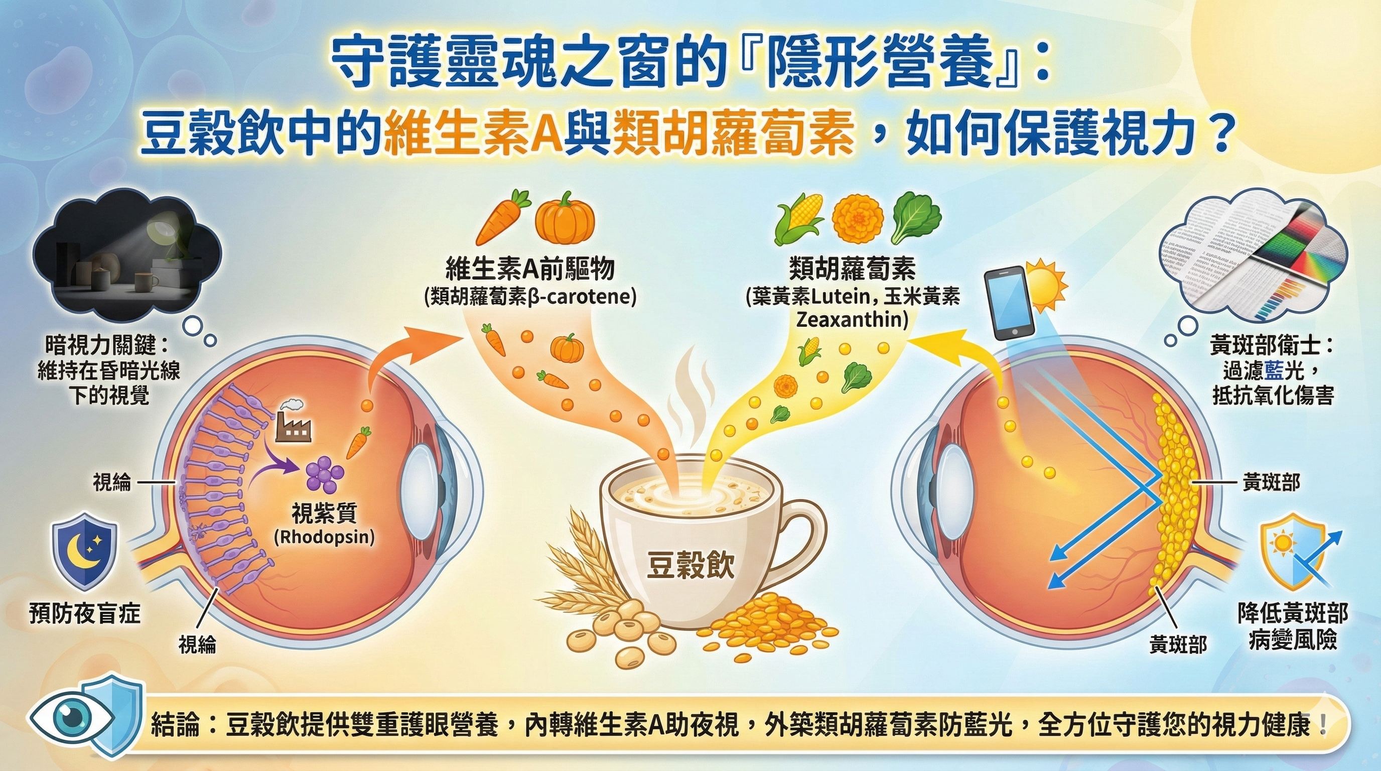 Q037 守護靈魂之窗的「隱形營養」： 豆穀飲中的維生素A與類胡蘿蔔素，如何保護視力？