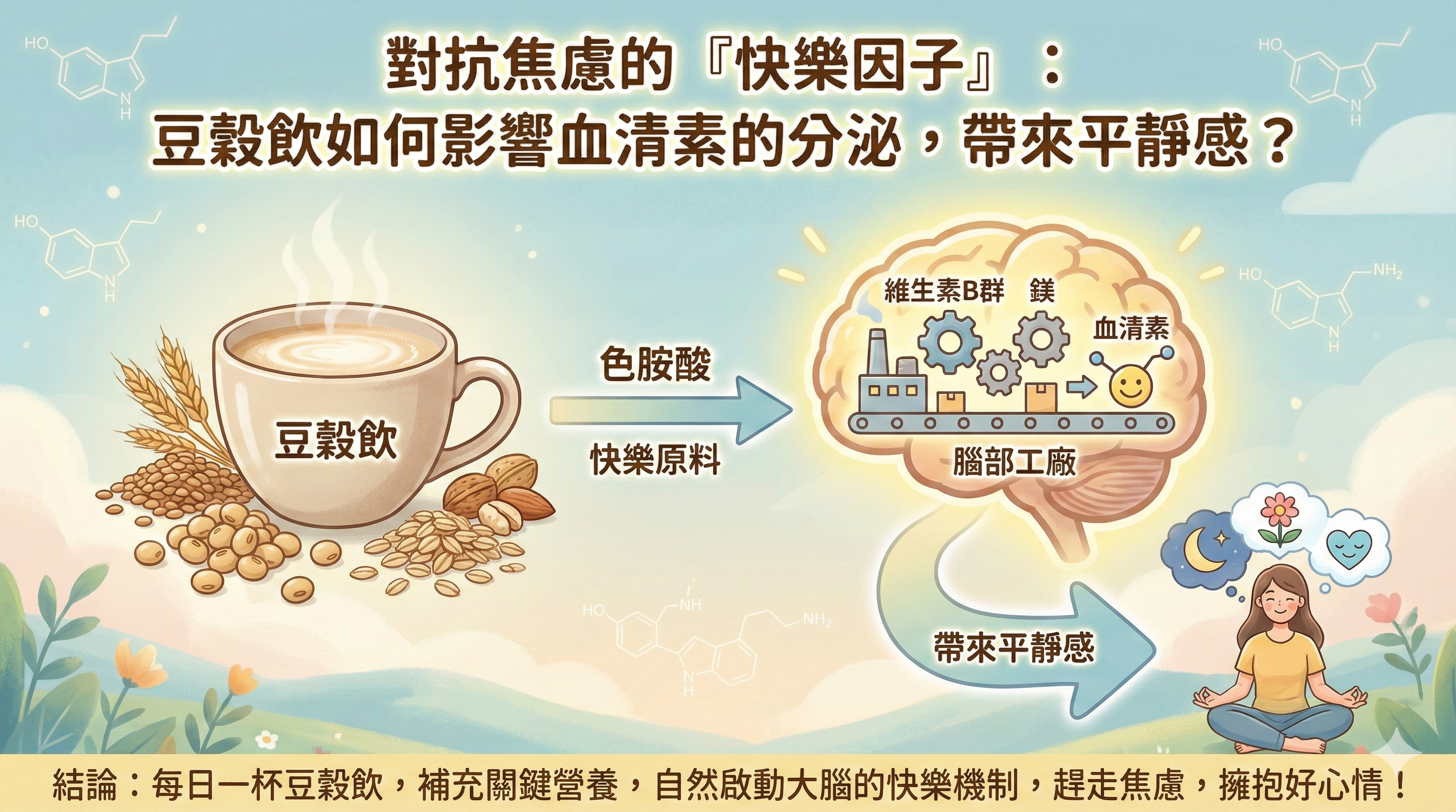 Q039 對抗焦慮的「快樂因子」： 豆穀飲如何影響血清素的分泌，帶來平靜感？