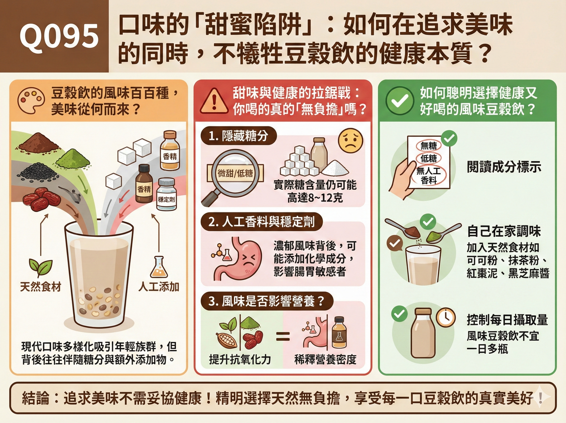 Q095 口味的「甜蜜陷阱」： 如何在追求美味的同時，不犧牲豆穀飲的健康本質？