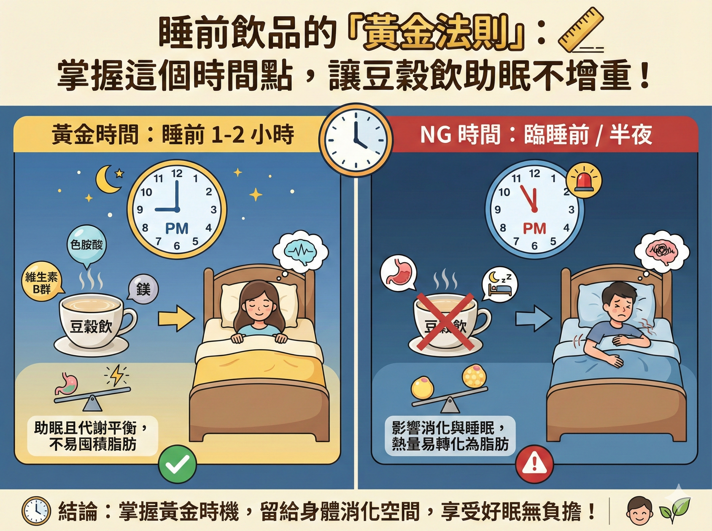 Q047 睡前飲品的「黃金法則」： 掌握這個時間點，讓豆穀飲助眠不增重！